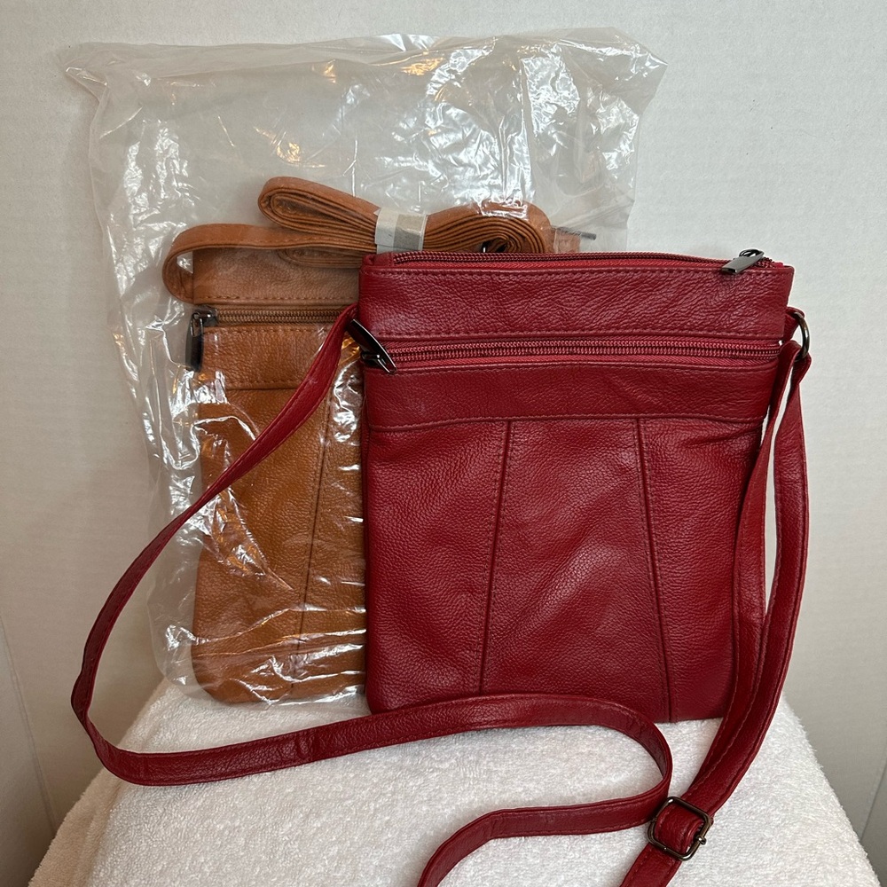 (2) On the Go Soft Leather Crossbody Bag Tan (NWT) Red (preloved)